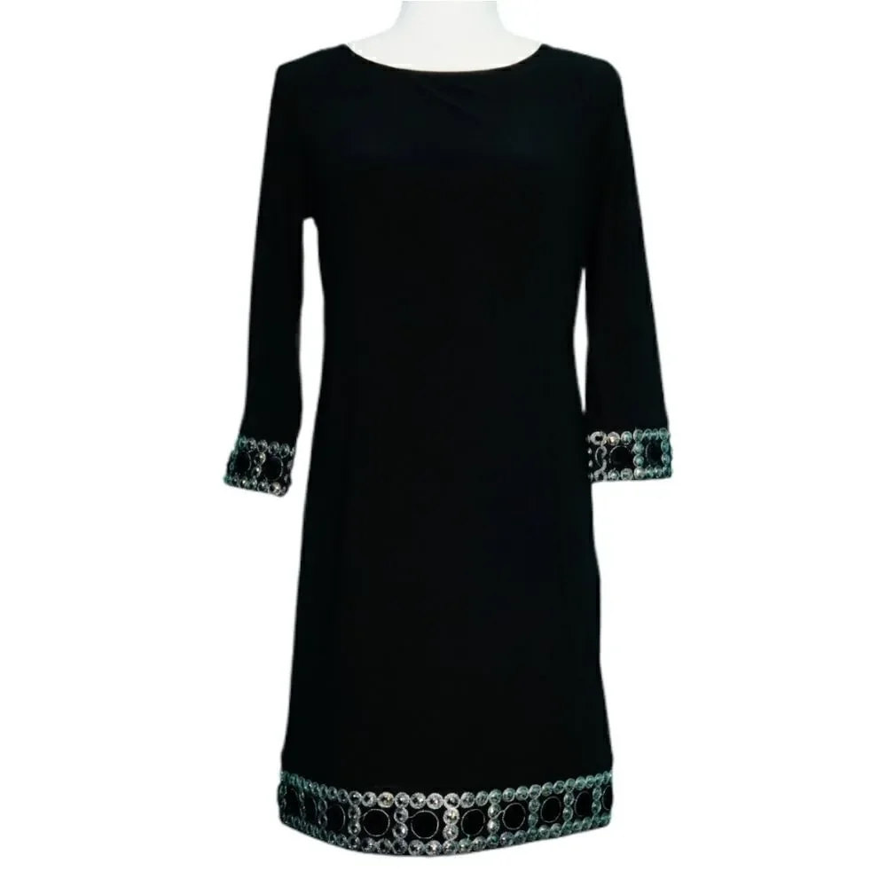 Tiana B. Jewel Embellished Black Shift Dress Crew Neck Long Sleeve Women Size 8P - Picture 2 of 12